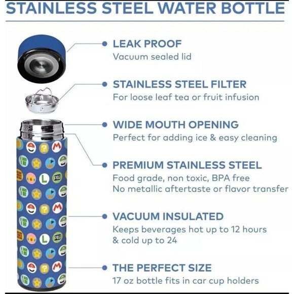 Super Mario Vacuum Insulated Stainless Steel Water Bottle, Leak Proof, 17oz - Picture 3 of 3